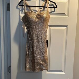 La Femme Sparkling Gold Mini Dress